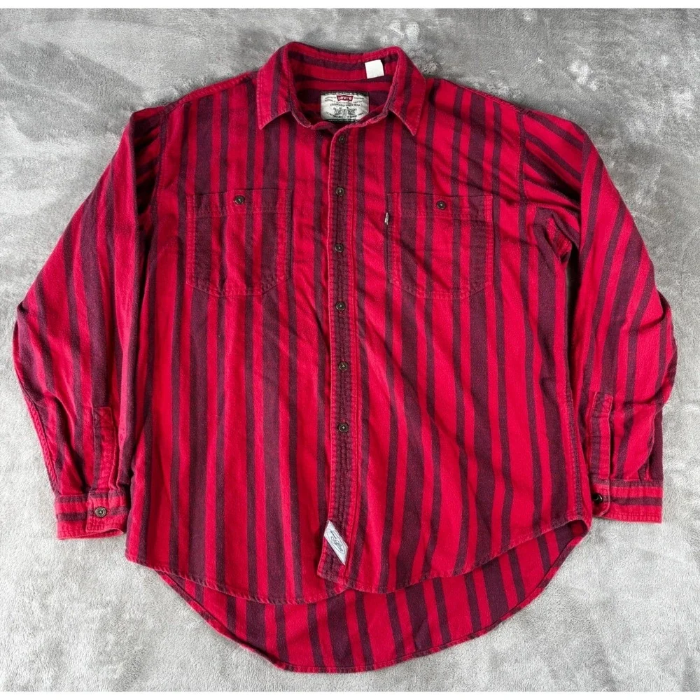VTG Levi's Heavy Flannel Shirt Mens Large Red Burgundy Striped grunge workwear
